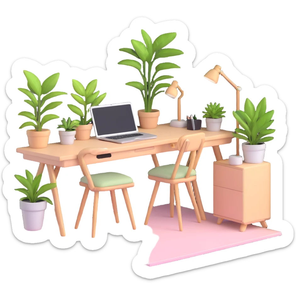 beautiful minimalist girl aesthetic bedroom with soft colors, organized desk, plants, and clean lines sticker