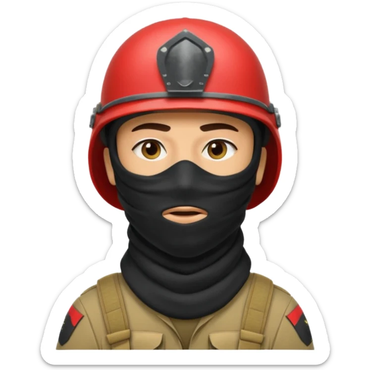 
an Iraqi soldier with a serious face, wearing a helmet and a balaclava covering his mouth sticker