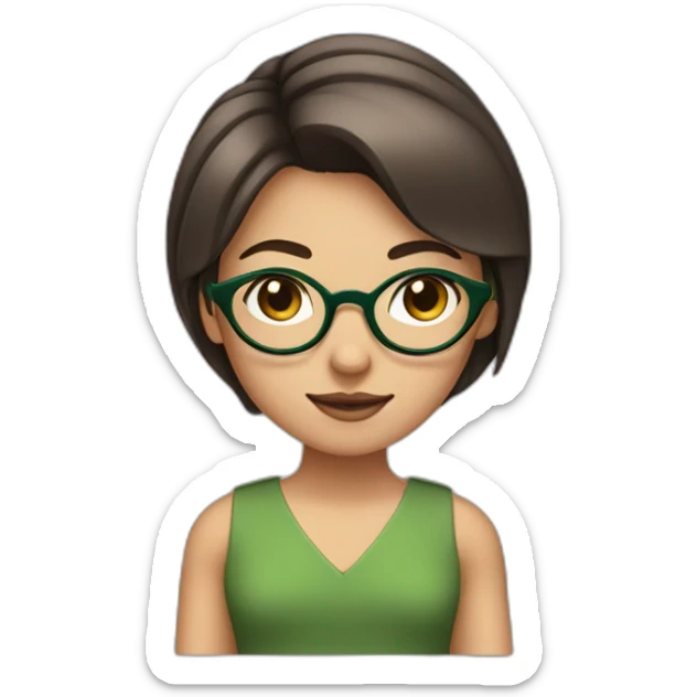 A girl with fair skin, circular glasses, straight hair, and boyish hair up, brown eyes, a green black dress, and a line on the eyebrow. sticker