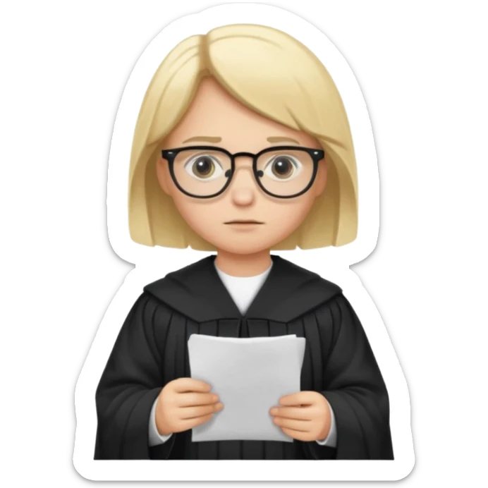 Young judge, blonde hair with glasses and robe, hold a paper sticker