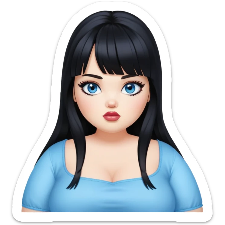 pretty alternativ aesthetic bratz girl, big plus size, black long hair, bangs, blue eyes, white skin sticker