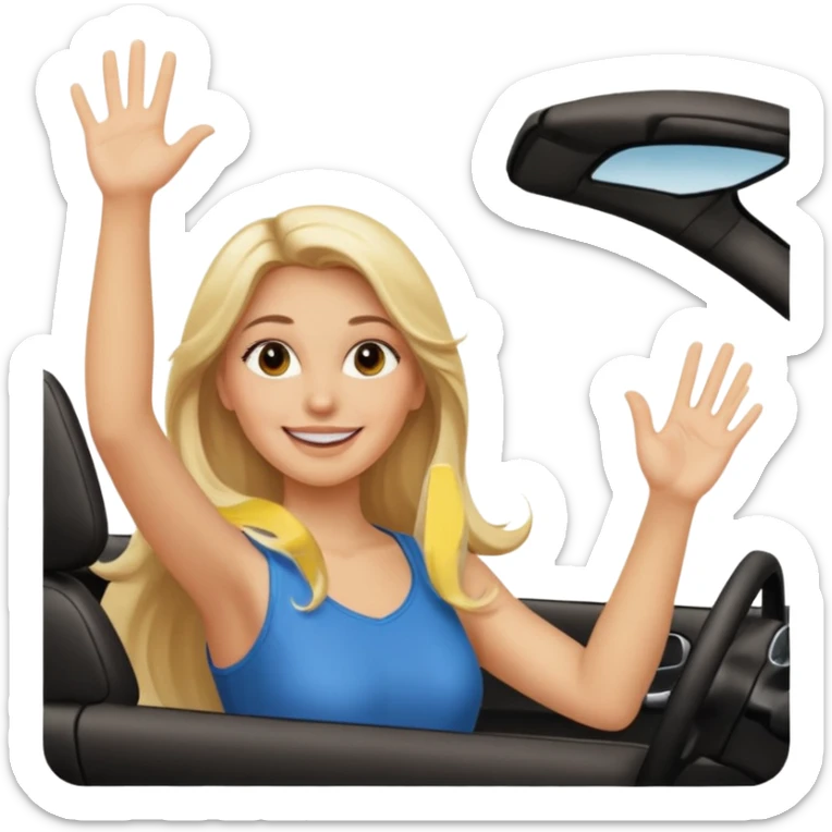 blonde long hair woman driving car. one hand up Happy face confidence sticker