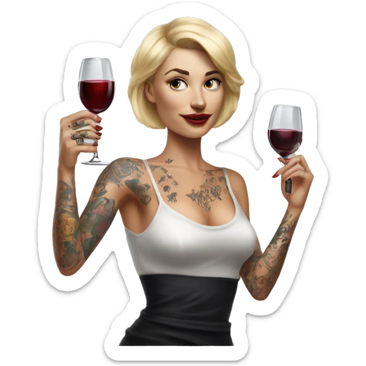 Blonde elegant women, her body covered with tattoos, wine in her one hand, pointing forward with her other hand , Hyper realistic sticker