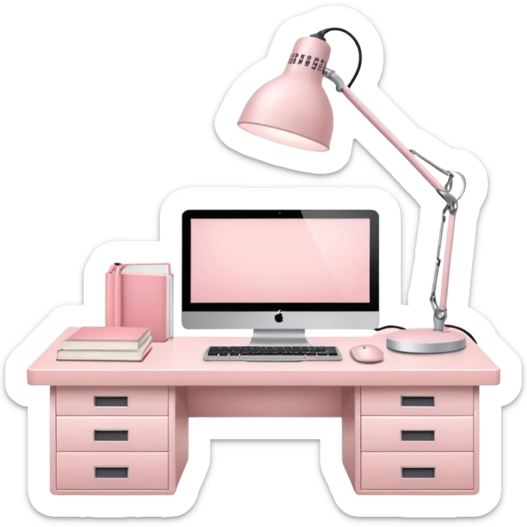 Pale Pink  Big Workstation and Light Pale Pink book and Light Pale Pink wide desk lamp and Light Pale Pink computer for Lease sticker