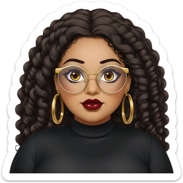 big plus size, latina, darker tan skin, gold hoops, long black curly hair, baddie,pretty, makeup, dark red lipgloss, black eyeliner, long hair, black shirt, black glasses sticker