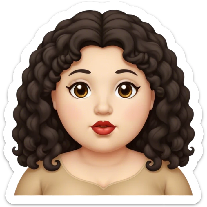 Chubby,long black curly hair, almond eyes dark brown, heart shaped lips, and flat nose sticker