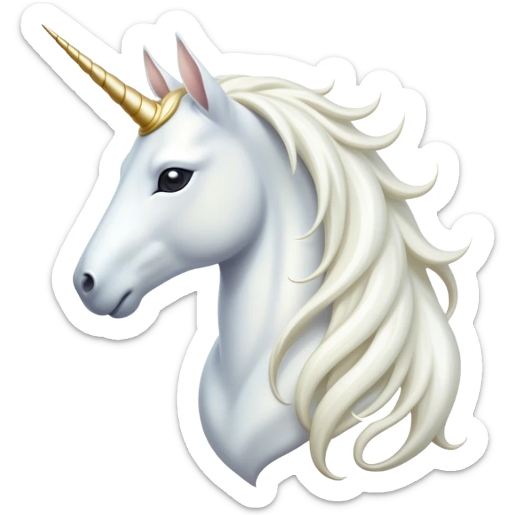 Cinematic Noble White Unicorn Portrait Emoji, Poised and regal, with a slender, ethereal form draped in a pristine white color, a flowing mane and tail, and a glistening, spiraled horn that radiates pure light, Simplified yet sharp and sophisticated features, highly detailed, glowing with a soft, iridescent luminescence, high shine, intelligent and transcendent, stylized with an air of mythical enchantment, focused and serene, soft glowing outline, capturing the essence of a watchful and confident white unicorn that appears ready to prance out of the screen with magical grace! sticker