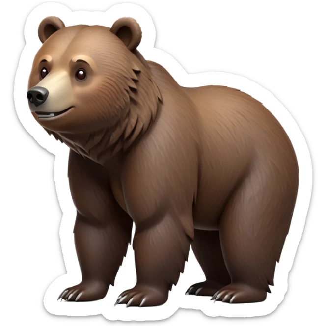 cinematic-[grizzly bear]-realistic-full-body-standing on all fours-emoji,-tail-tucked-close,-head-tilted-dramatically,-thick-[dark brown]-fur,-simplified-yet-realistic-focused-features,-highly-detailed,-glowing-with-an-almost-sarcastic-glow sticker