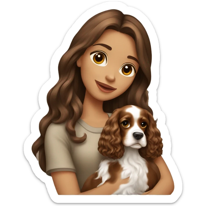Beautiful stylish girl with long brown hair holding in her arms puppy English Cocker Spaniel sticker