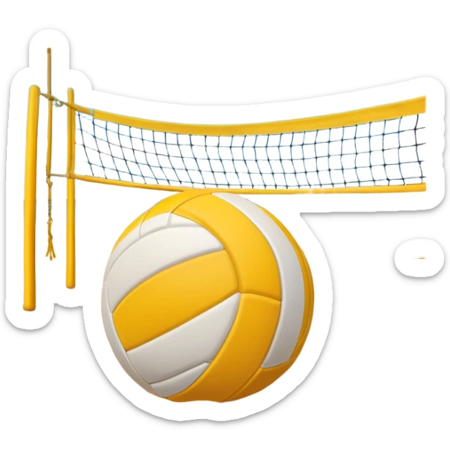 A volleyball resting on the yellow sand on a beach, with the net in the background and a scenic view of the ocean and sky. The scene captures the relaxed yet competitive vibe of beach volleyball, with warm sunlight and the natural beauty of the beach. sticker