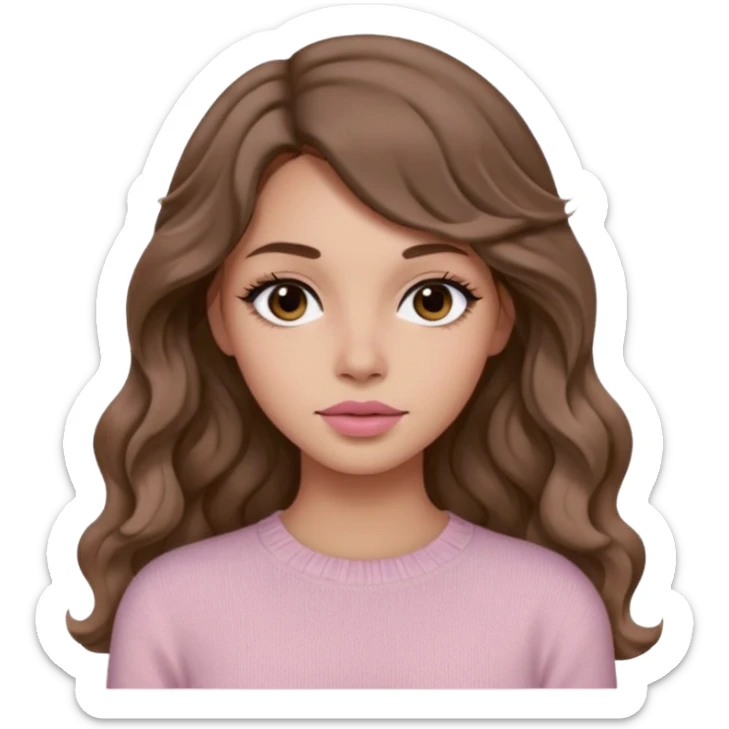 a woman with beige knit long sleeve top, her hair is long wavy brown hair, her face is soft girl style, her eyes color are black and the color of her lip is soft pink sticker