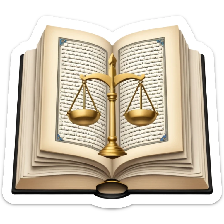 
an open Koran lies, in the center of its pages the scales of justice hover, in the background a mosque is visible, and from the Koran a road diverges, going off into the horizon sticker