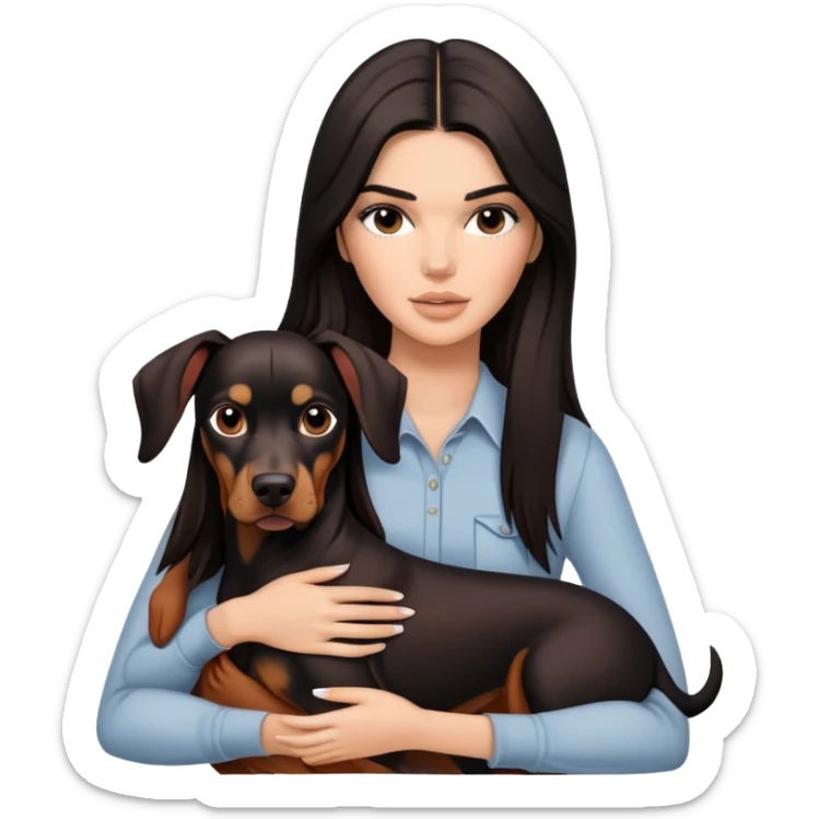 Kendall Jenner with long dark hair holds a Doberman Pinscher in her arms sticker