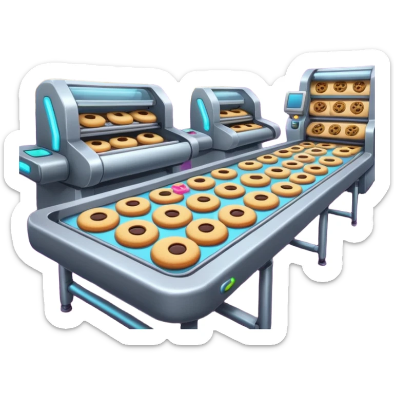 Cyberpunk cookie factory with neon lights, laser beams scanning cookies, glowing conveyor belts, high-tech cartoon style, emoji-style sticker