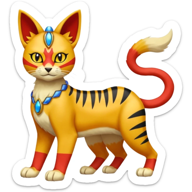 Colorful orange red black yellow Bastet-Gatomon-Meowth-Vernid-Protogen-Digimon-Fakémon-Pokémon-creature  (full body) sticker