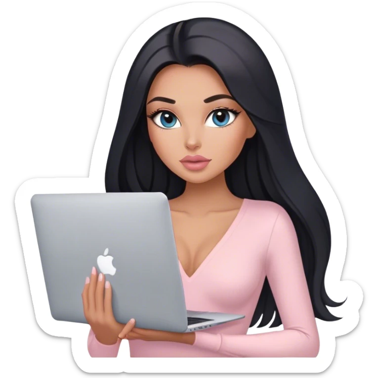 Glamours, tanned, very beautiful girl, with big pump peach-beige-rose lips, long lashes, black straight smooth silky long hair, straight parting hair, blue-grey eyes, in light-pink v-neck bodysuit holding MacBook sticker