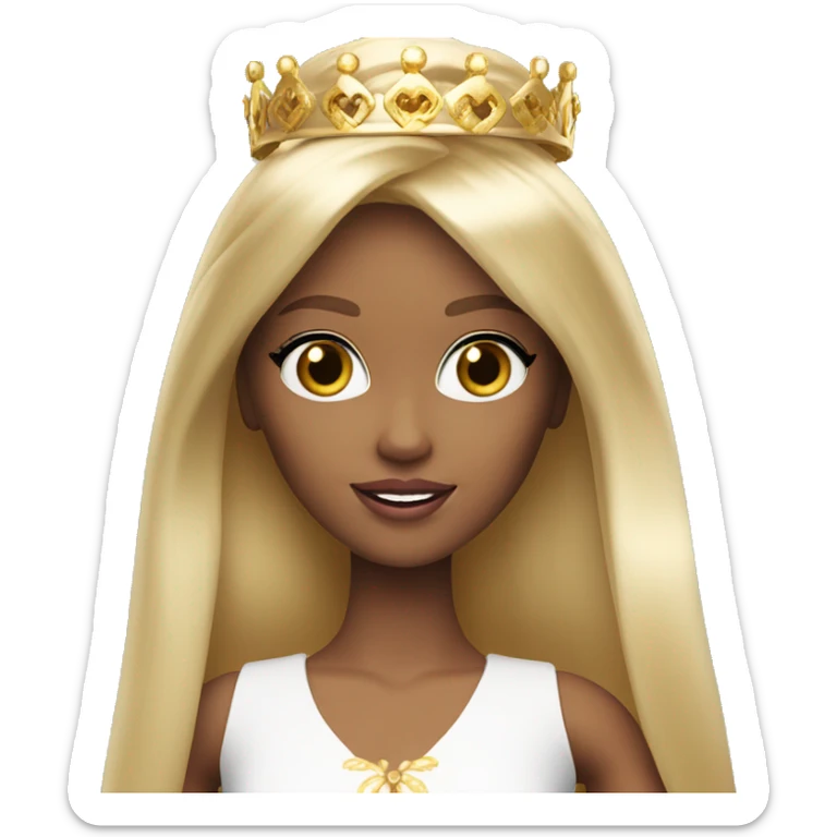 Blonde Barbie with bangs and long straight hair and hazel eyes wearing a gold crown sticker
