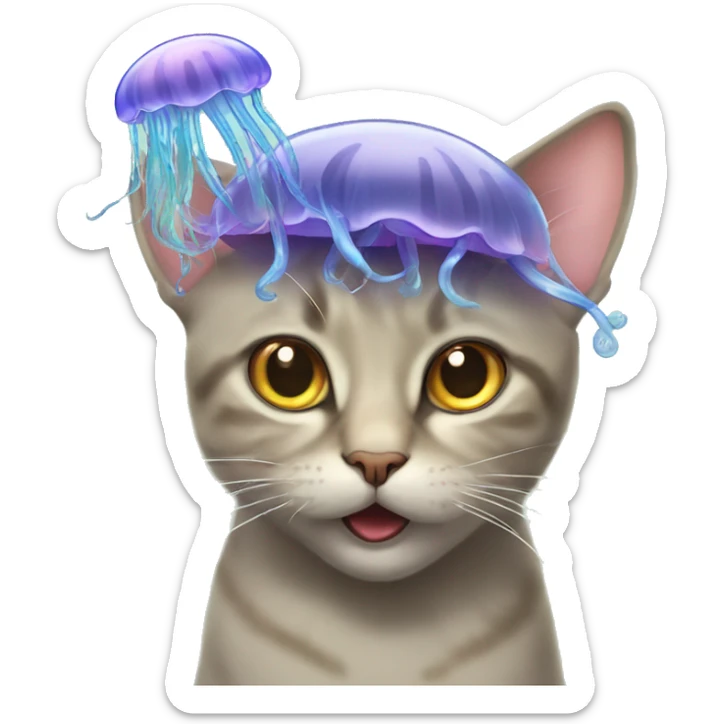 Happy pussycat with happy jellyfish on head   ( jellyfish covering al the cats head , accept the eyes) sticker