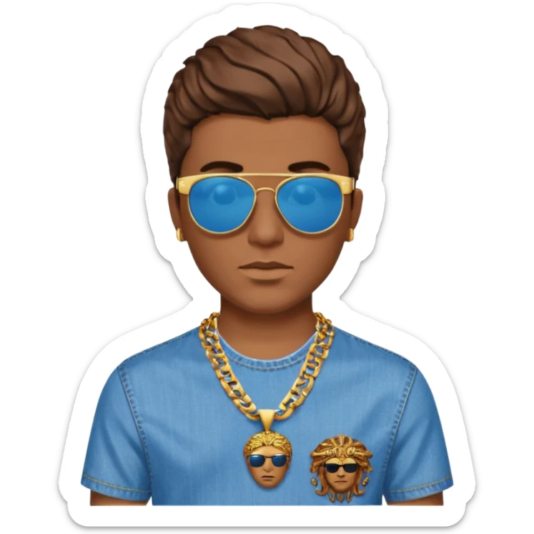 man emoji with brown hair, sunglasses on head, blue and gold Versace shirt with Medusa design, chain necklace, jeans sticker