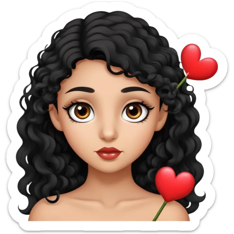 Lightly tan girl with big brown eyes and long lashes, black slightly curly hair that is long, marked Cupid arc on lips  sticker