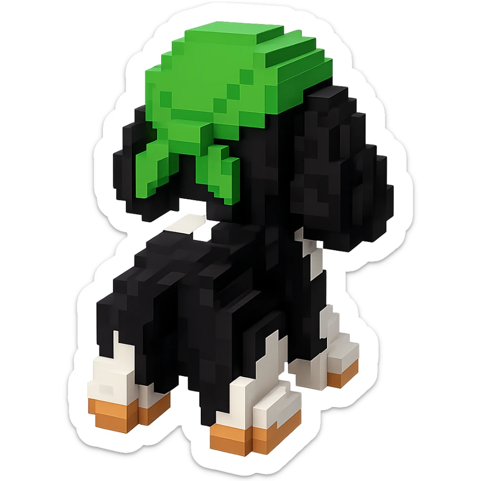 A black and white Russian Cocker Spaniel puppy wearing a green durag, facing backward sticker