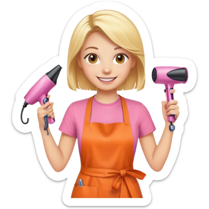 blonde female hairstylist smiling, pink t-shirt, orange apron, hands up, holding scissors and hairdryer sticker