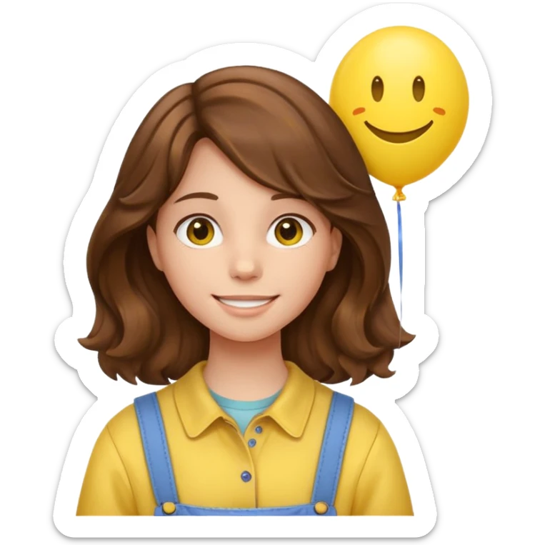 Teen girl wavy brown hair, with smiley-face balloon sticker