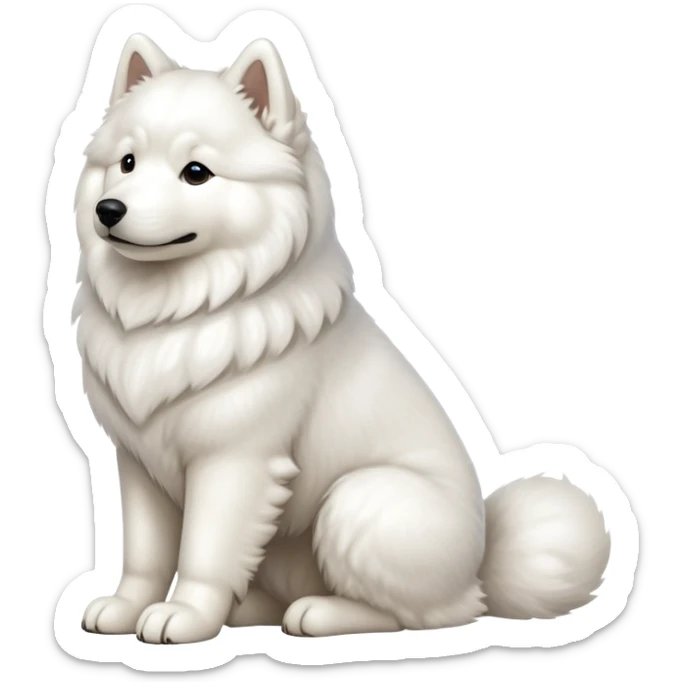 cinematic-[samoyed]-realistic-full-body-sitting-emoji,-tail-resting-loosely-beside-its-paws,white eyes-head-tilted-dramatically, -fluffy-[white]-fur,-simplified-yet-realistic-focused-features,-highly-detailed,-glowing-with-an-almost-sarcastic-glow sticker