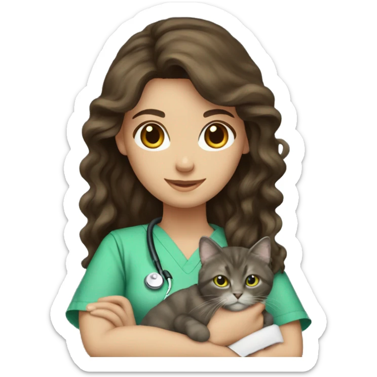 Pretty Brunette long wavy hair veterinary nurse. green scrubs holding a cat sticker
