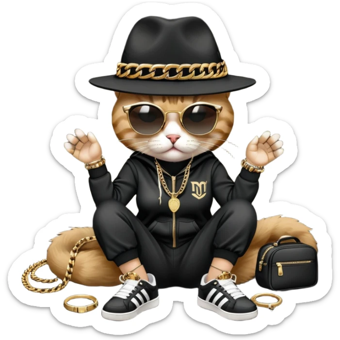 female cat dressed like Run DMC with tracksuit, fedora, Adidas shoes, dark sunglasses, lots of gold chains, rings, bracelets, earrings, lying on the ground, distressed and crying sticker