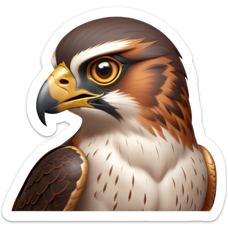 Cinematic Noble Falcon Portrait Emoji, Poised and majestic, with a streamlined, muscular build, a sharply hooked beak, and intense, piercing eyes that exude focus and speed, Simplified yet sharp and sophisticated features, highly detailed, glowing with a soft, amber radiance, high shine, intelligent and commanding, stylized with an air of aerial authority, focused and swift, soft glowing outline, capturing the essence of a watchful and confident falcon that appears ready to soar out of the screen with effortless power! sticker