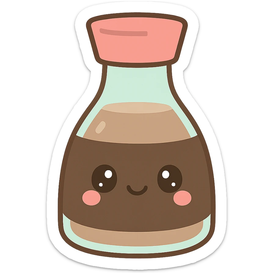 a bottle of Japanese soy sauce, kawaii style, cute face on the bottle, pastel colors sticker