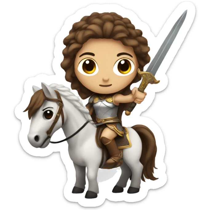  valkyrie with white skin, brown eyes and hair on a horse with a sword sticker