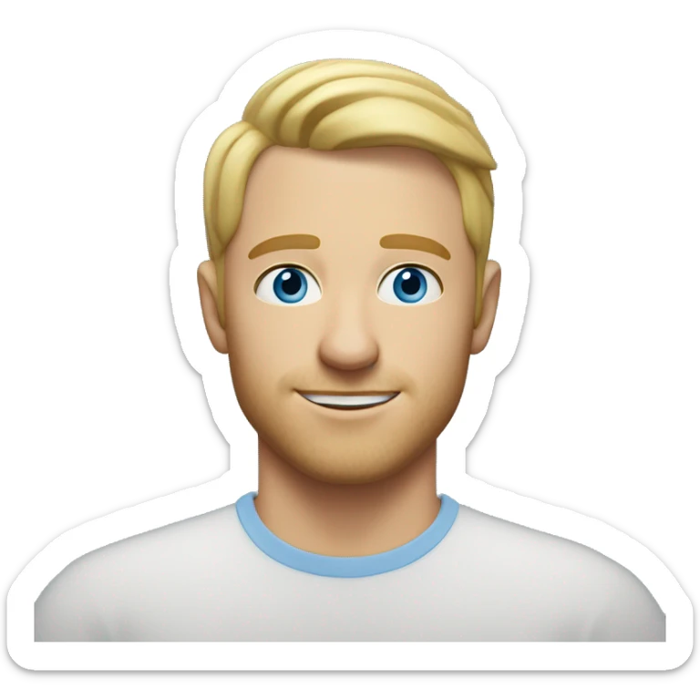 A head and shoulders shot of a 32 year old white man, with short blonde hair,   with blue eyes wearing a t-shirt. sticker