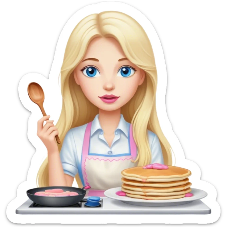 Cinematic realistic beautiful blonde with long hair, blue eyes and pink lips in a white dress cooks pancakes sticker