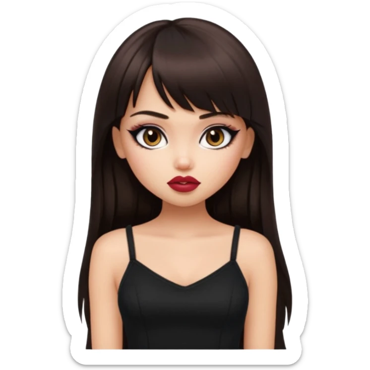 generate a pretty bratz girl in black cami top, dark brown straight long hair with bangs, eyeliner on, sticker