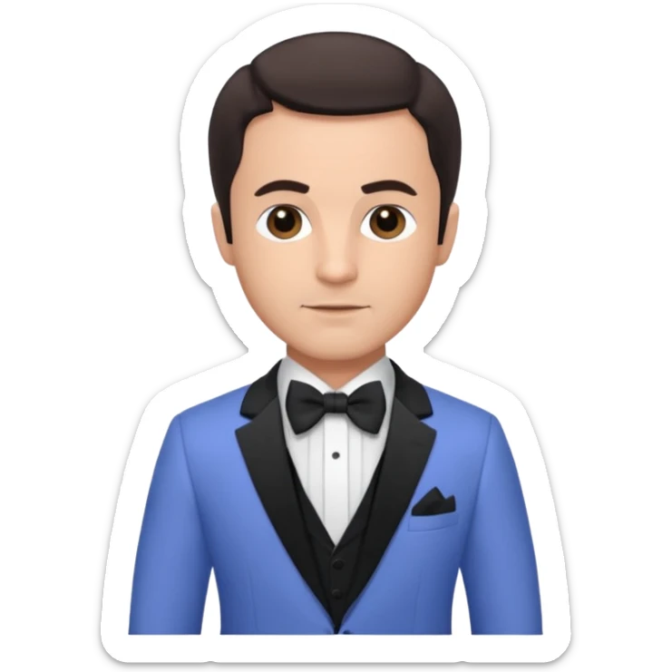 Freddie Prinze Jr with dark brown hair, periwinkle suit with bow tie sticker