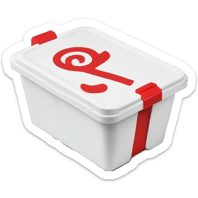 A short Styrofoam to-go box that contains a red logo on the top of it that reads "Canes" sticker