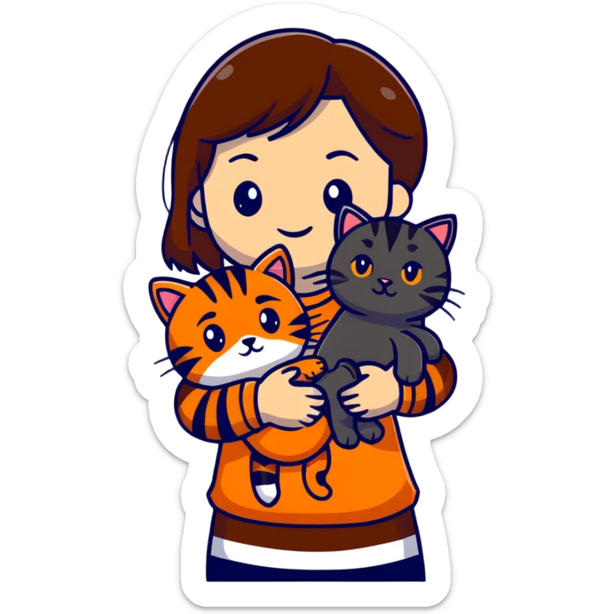 tan brown-haired girl holding two cats, one black cat and one orange tiger-striped cat sticker