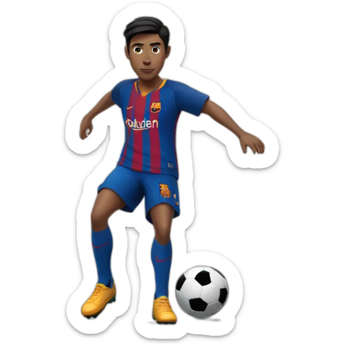 Teenager with black hair and fair skin playing soccer with ball in barcelona jersey sticker
