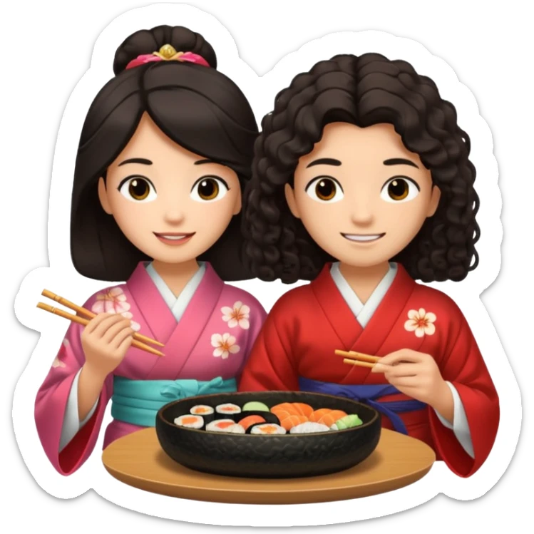 czarnowłosa ksieżniczka w dlugich wlosach je sushi z chłopakiem o czarno brązowych kręconych włosach i są zadowoleni sticker