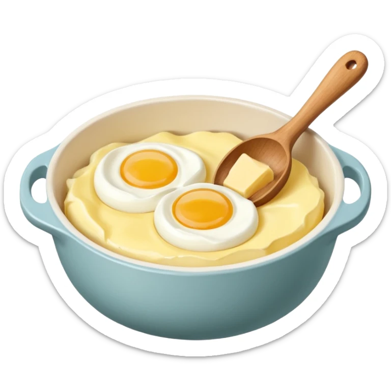 A carton of eggs, butter and a cream ceramic baking bowl with a wooden spoon in it sticker