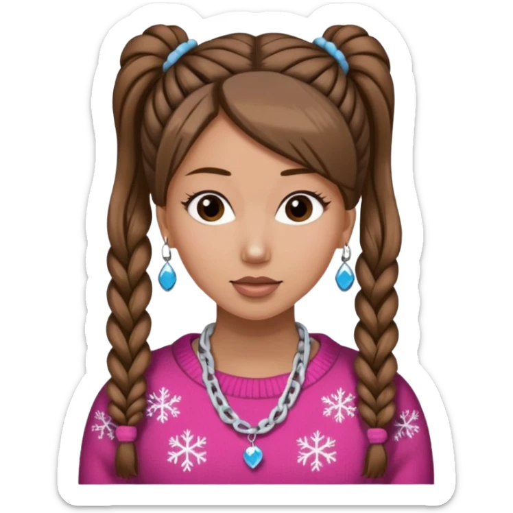 Chica blanca, pelo castaño recogido con pelos fuera, jersey de invierno y Nicki sticker