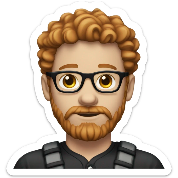 35 years old, male, short curly red hair, glasses, black baseball hat, blue eyes, pale complexion, beard and mustache sticker