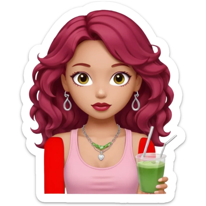a pretty fair bratz girl with wavy dark red hair, wearing a pink tank top . silver dainty layered necklaces, carrying a matcha sticker