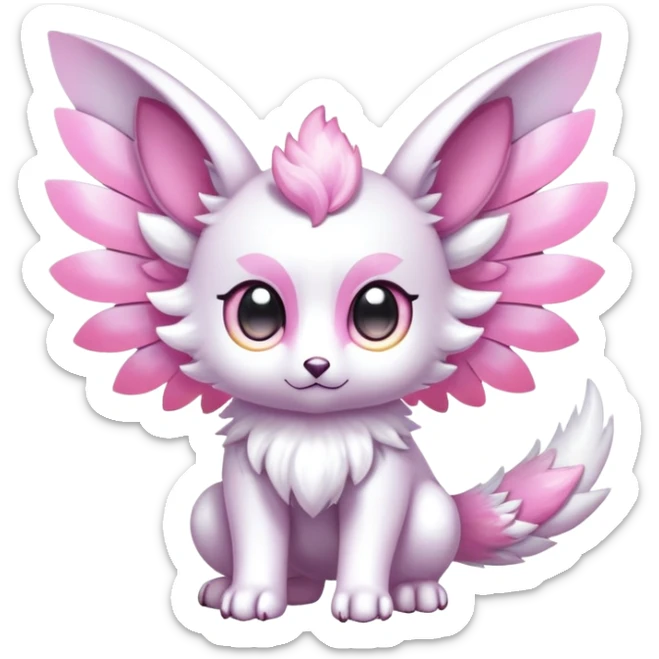 Shiny epic glittery iridescent divine white gold pink animal-fakemon-creature with head-ear-wings, cute, adorable, big eyes, fluffy tail sticker
