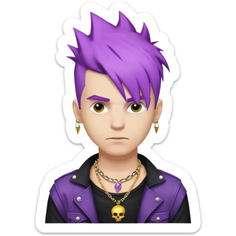 make a iphone emoji who is a white man that looks punk with purple punkk hair, with a black punk shirt and a golden neckless sticker
