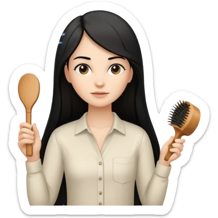 A white woman with long, straight black hair, wearing an ivory-colored shirt, holding a wooden paddle hairbrush in her left hand and spraying a hair mist bottle with her right hand toward her hair. sticker