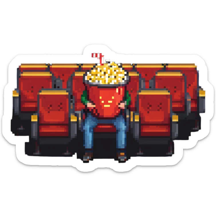 Pixel art person sitting in movie theater chair with popcorn bucket, watching big screen sticker