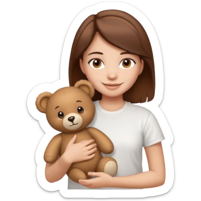 A Girl with Brown hair and Brown eyes with a t-shirt White. The t-shirt have dels a Teddy bearthe Gor have White skins and she is smiling sticker